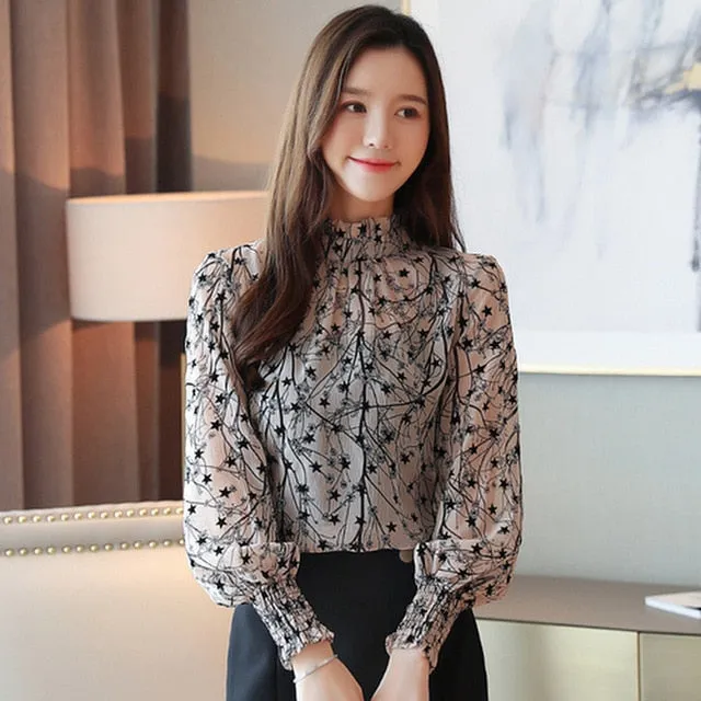 2021 Autumn Spring Women Chiffon Blouses Casual Long Sleeve Size S - plus Size