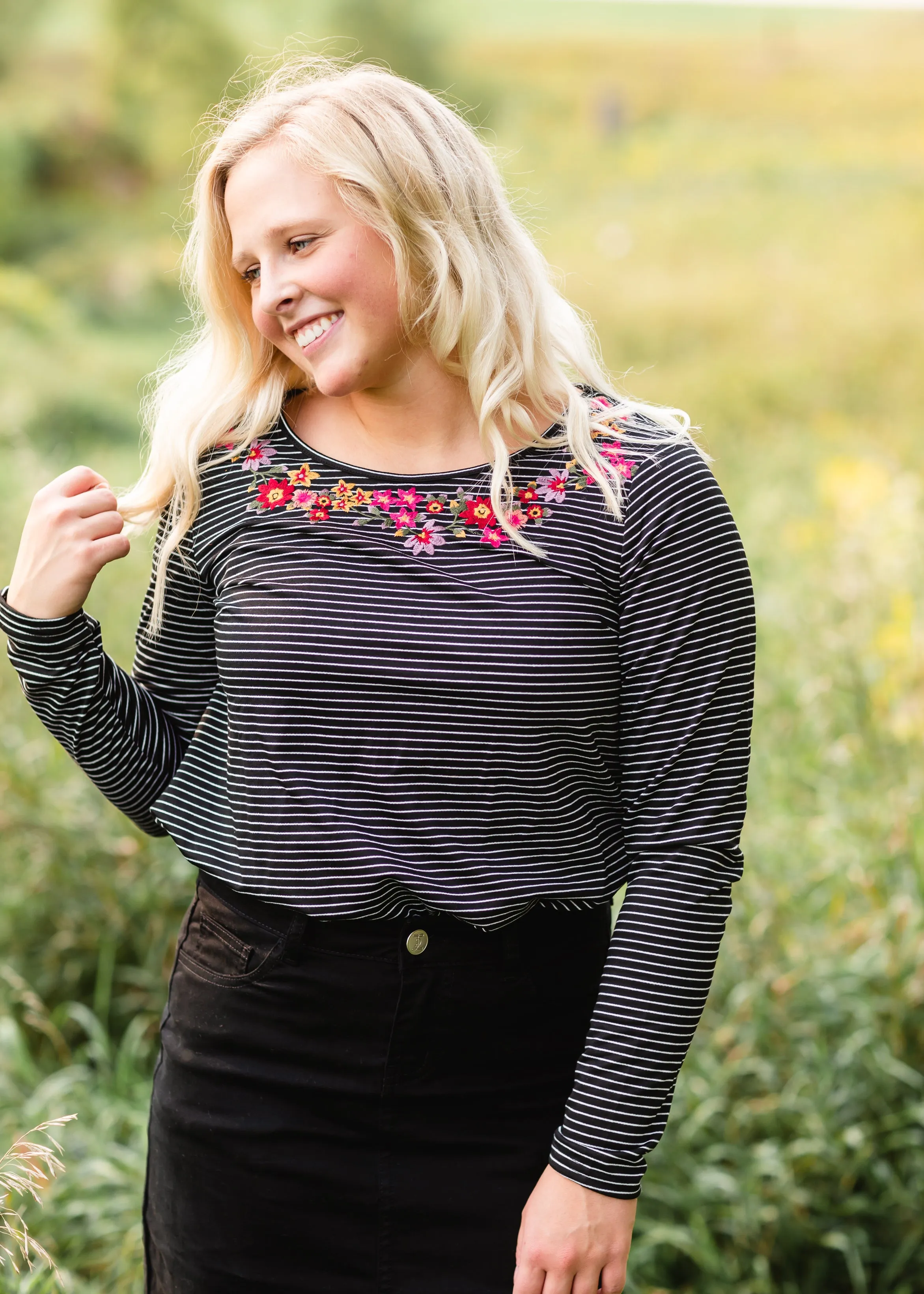 Black Striped Knit Embroidered Top - FINAL SALE